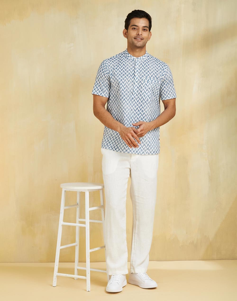 White Cotton Printed Mid Placket Shirt