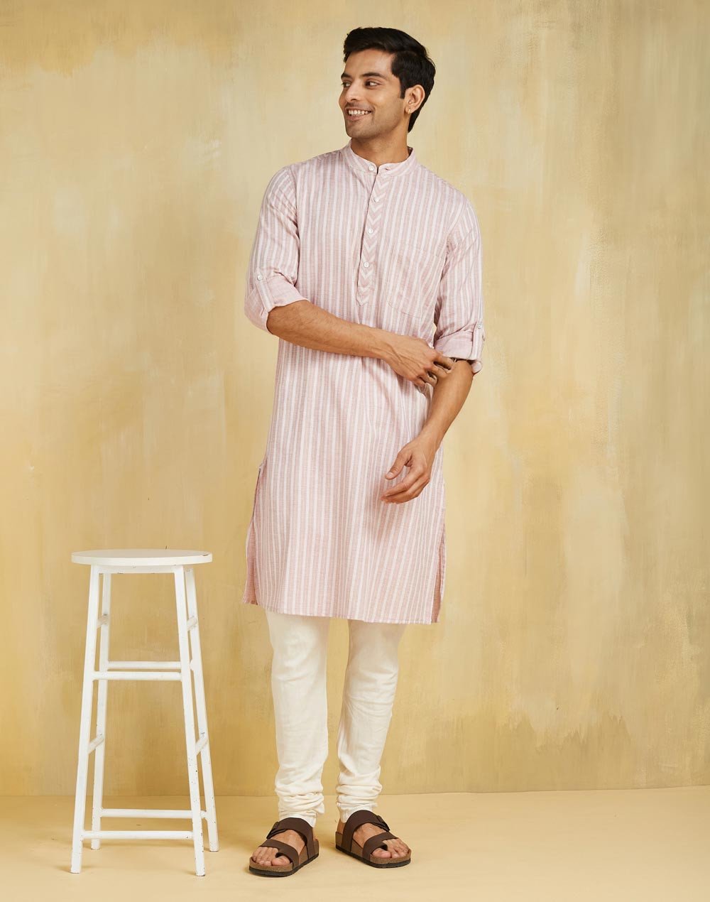 Pink Cotton Dobby Slim Fit Long Kurta