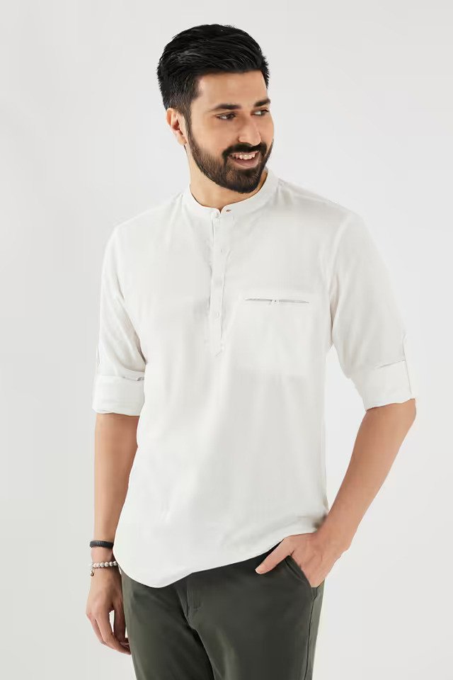 Solid Cotton Collared Men's Casual Wear Short Kurta